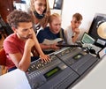 Recording studio, music and people with producer for band songs, track and audio with musical instruments. Technology