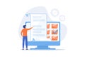 Records management concept. Man stands next to computer monitor and sorts information into folders. Order in digital files and