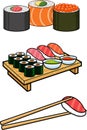 Cartoon Mixed Sushi Set. Vector Hand Drawn Collection Royalty Free Stock Photo