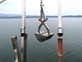 Recovering of the benthic grab sampler with the A-frame.