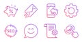 Recovery gear, Loan percent and Smile chat icons set. Seo, Incoming call and Technical documentation signs. Vector