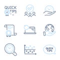 Recovery laptop, Quick tips and Quickstart guide icons set. Dot plot, Time management and Safe time signs. Vector Royalty Free Stock Photo