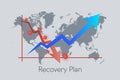 Recovery Plan from COVID-19 impact. Downward red arrow follow by upward blue arrow. Building back the economy business industries.