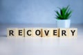 RECOVERY word concept written on wooden cubes lying on a light table and light background