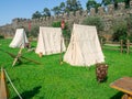 Recreated atmosphere of a medieval castle. Old architecture. Beautiful place. Tents on the lawn. Museum exhibits