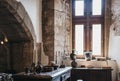 Recreated exhibit of medieval kitchen inside Vianden Castle, Luxembourg Royalty Free Stock Photo