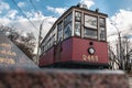 A recreated tram car installed as a monument in Saint Petersburg