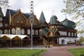 Recreated wooden palace of Tsar Alexei I Mikhailovich with night illumination in Kolomenskoye park, side view.