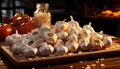 Recreation acrostic of a classic still life of garlic heads and red tomatoes over a wood table kitchen