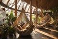 Recreation area of an eco hotel or ecolodge house with hammocks and lots of green plants, creating a serene and relaxing