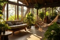 Recreation area of an eco hotel or eco house with hammocks and lots of green plants, creating a serene and relaxing