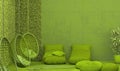 Recreation area interior of a public building in monochrome green color. Loft-style room design with swings, puffs, pillows and