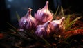 Recreation artistic of a classic still life of garlics heads with drops water