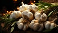 Recreation artistic of a classic still life of garlics heads with drops water