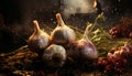 Recreation artistic of garlic heads in a field a cloudy and raining day