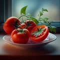 Recreation artistic of kitchen plate with red tomatoes in branch as still life painting