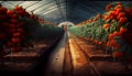 Recreation artistic of plants with red tomatoes hanging on branch in a plantation field inside a greenhouse