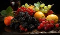 Recreation artistic of a still life with blackberries, red grapes, oranges, green grapes and a tangerine Royalty Free Stock Photo