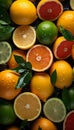 Recreation artistic of a vertical still life with citrus as oranges, limes and grapefruit
