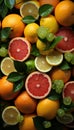 Recreation artistic of a vertical still life with citrus fruits as oranges, limes and grapefruit