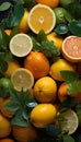 Recreation artistic of a vertical still life with citrus fruits as oranges, limes and grapefruit Royalty Free Stock Photo
