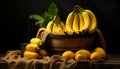 Recreation of bananas bunches in a basket with other fruits