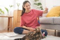 Recreation, beautiful owner kitten asian young woman, girl happy face in free time in casual holding toy playing with lovey cat,
