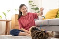 Recreation, beautiful owner kitten asian young woman, girl happy face in free time in casual holding toy playing with lovey cat,