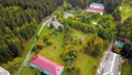 Recreation center in forest near lake. Stock footage. Top view of beautiful tourist base in picturesque area with lake Royalty Free Stock Photo