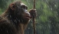 Recreation of a hominid bipedal looking the rain in the jungle