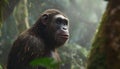 Recreation of a hominid bipedal under the rain in the jungle