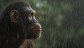 Recreation of hominid face looking with happiness the rain falling in the jungle