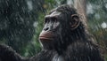 Recreation of a hominid under the rain falling in the jungle