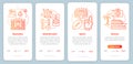 Recreation industries red onboarding mobile app page screen vector template. Sports, tourism, entertainment. Walkthrough