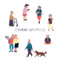Recreation and leisure senior activities concept. Group of active old people. Elder people vector background. Cartoon