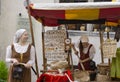 a recreation of a medieval street stall at raekoja plats or town hall square Royalty Free Stock Photo