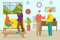 Recreation in office, vector illustration. Flat man woman worker character have break, people drink coffee at couch Royalty Free Stock Photo