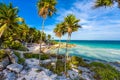 Recreation at paradise beach resort with turquoise waters of Caribbean Sea at Tulum, close to Cancun, Riviera Maya, tropical Royalty Free Stock Photo