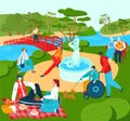 Recreation for people in park, summer lyfestyle rest outdoor in nature, city sport and leisure vector flat illustration. Royalty Free Stock Photo