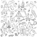 Recreation. Tourism and camping set. Hand drawn doodle Elements - vector illustration Royalty Free Stock Photo