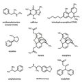 Recreational drugs: methamphetamine (crystal meth), caffeine, tetrahydrocannabinol (THC), nicotine, heroin, morphine, amphetamine Royalty Free Stock Photo
