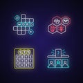 Recreational games neon light icons set