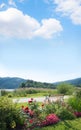 Recreational park with bench,  spa garden lakeside schliersee upper bavaria Royalty Free Stock Photo