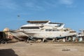 Recreational sea boats under repair on the shore in Hurghada, Egypt