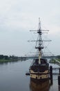 The recreational ship is moored to the bank of the Volkhov River in the city of Veliky Novgorod