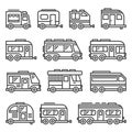 Recreational Vehicles RV Camper Vans Icons Set on White Background. Line Style Vector Royalty Free Stock Photo