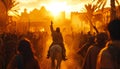 Recreation of triumphal entry to jerusalem of Jesus riding a white donkey