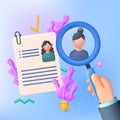 Recruiters hands holding cv and magnifying glass. HR management concept. Human resources. 3D vector illustration