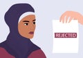 Recruitment ageism concept. HR specialist reject young muslim woman cv