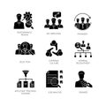 Recruitment black glyph icons set on white space. Executive search, professional headhunting silhouette symbols